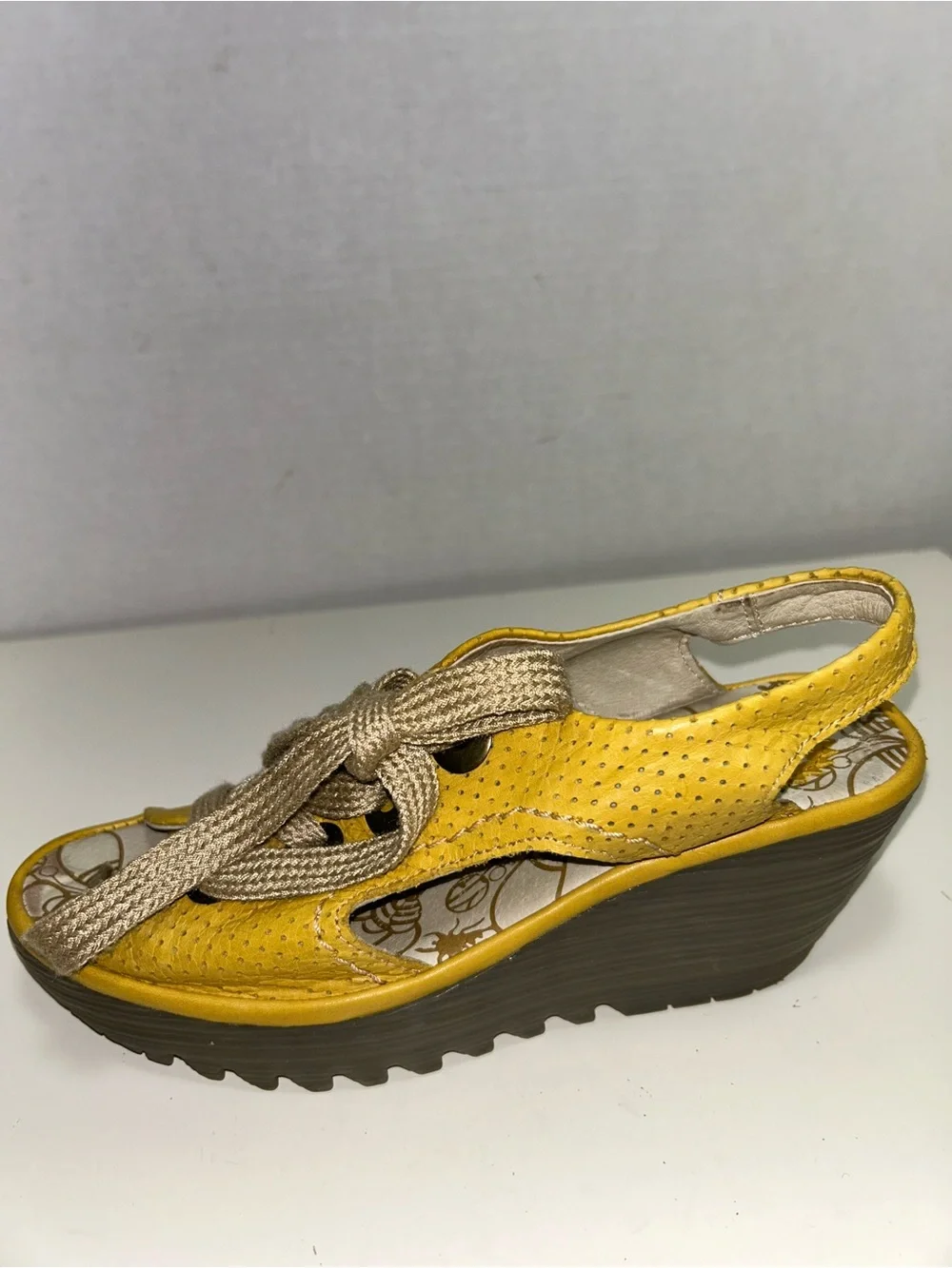 Fly London Ylva Yellow Perforated Leather Peep Toe Lace-Up Wedge Heel Sandal